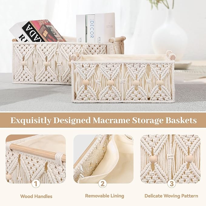 ANMINY 3PCS Macrame Storage Baskets for Organizing Boho Decor Baskets Storage Bins with Wood Handles & Beads Handmade Decorative Storage Boxes with Removable Liner Toilet Tank Bathroom Self Basket
