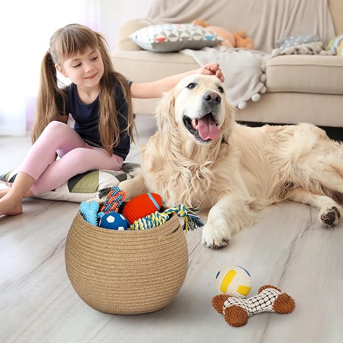 Decorative Wicker Storage Basket, 11" x 9" Indoor Plant Basket for Home Decor, Round Woven Dog Cat Toy Bin with Handle, Bathroom Towel Storage, Jute Planter Holder, Shelf Closet Organizer