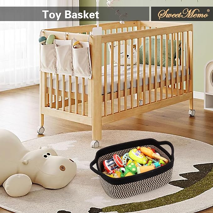 Gift Basket Empty with Handles, 12x8x5 inch - Small Woven Basket for Baby Nursery, Toys, Towels, Wedding, Birthday Gifting - With Gift Bag & Ribbon (Black Brown, 1PC)