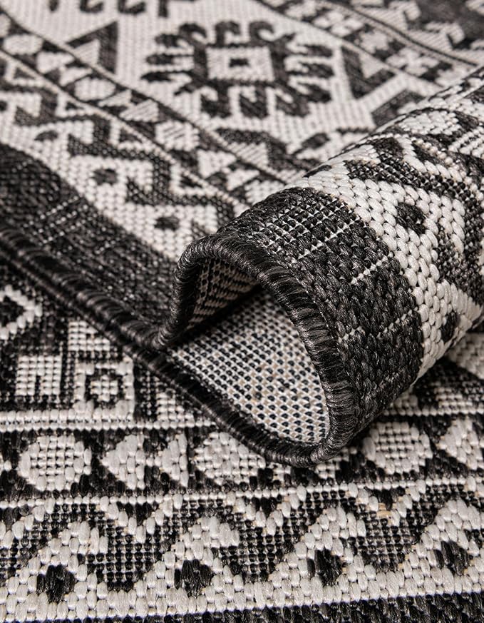 Rugs.com Outdoor Aztec Collection Rug – 13 Ft Square Charcoal Gray Flatweave-Pile Rug Perfect for Living Rooms, Kitchens, Entryways