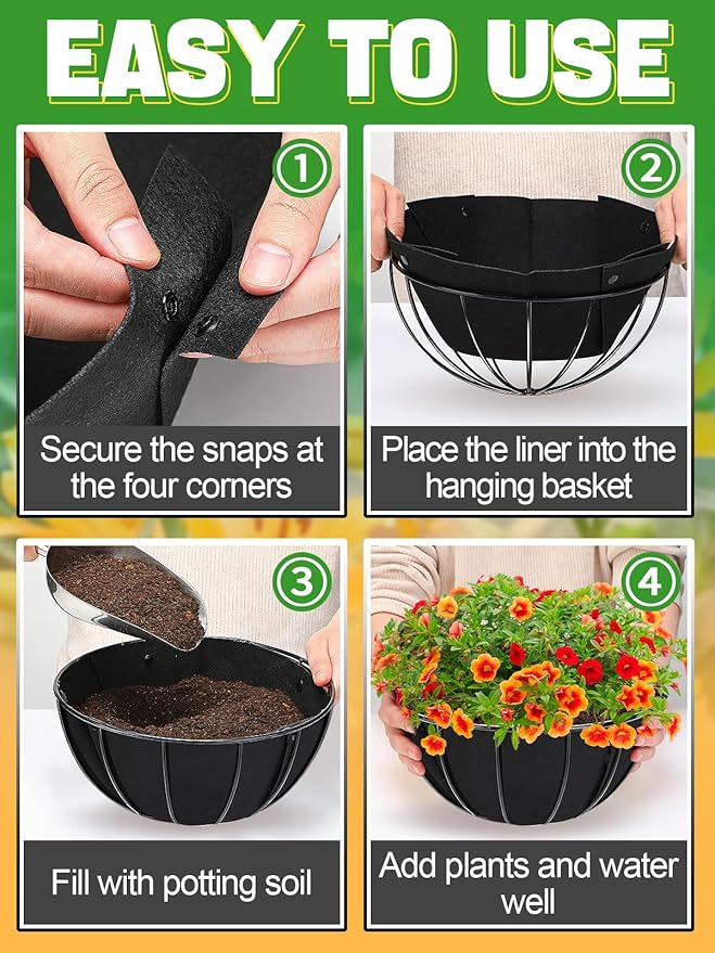 4pcs 16in Thick Felt Hanging Basket Liners - Heavy-Duty 400GSM Non-Woven Fabric Round Planter Liner for Garden Wall Flower Hanging Baskets, Replacement for Coco Fiber Liner