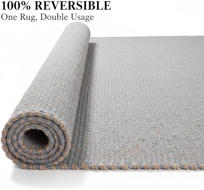 Hand Woven Jute Cotton Area Rug 4x6 Light Gray – Artisan-Made in India, Durable & Reversible, Heavy Quality, Natural Fiber Carpet