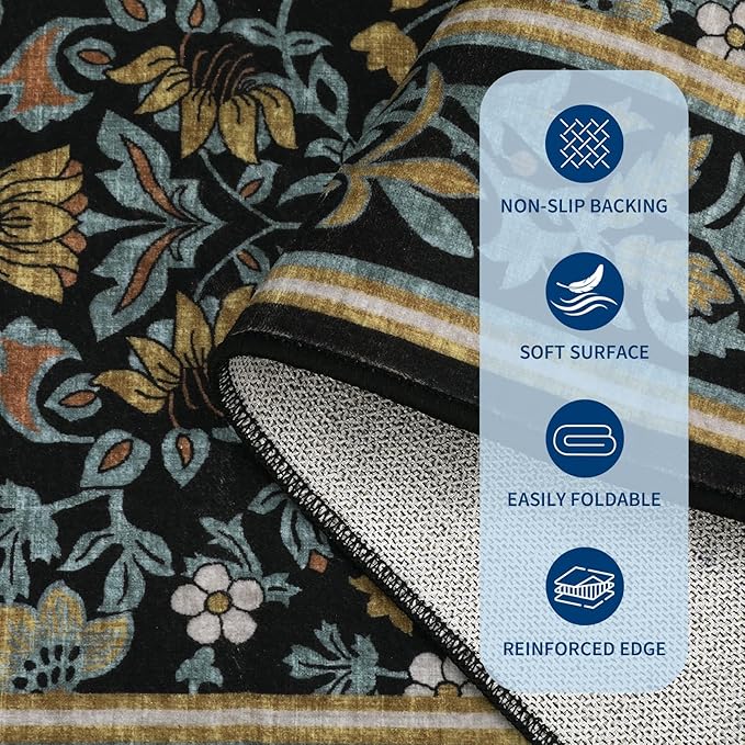 GarveeHome Kitchen Runner Rug 2.5x8 Runner Rug Non Slip Washable Runners for Hallways, Boho Vintage Rugs with Rubber Backing Soft Low-Pile Indoor Carpet for Entryway Bedroom Blue Black