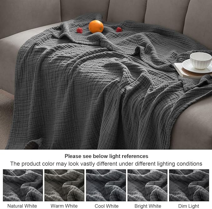 PHF 100% Cotton Muslin Blanket Queen Size 90"x90", 4-Layer Lightweight Gauze Throw, Breathable Cloud-Soft Minimalist Blanket for Bed, Couch, Camping & Baby, Greyish Black, Ideal Gift