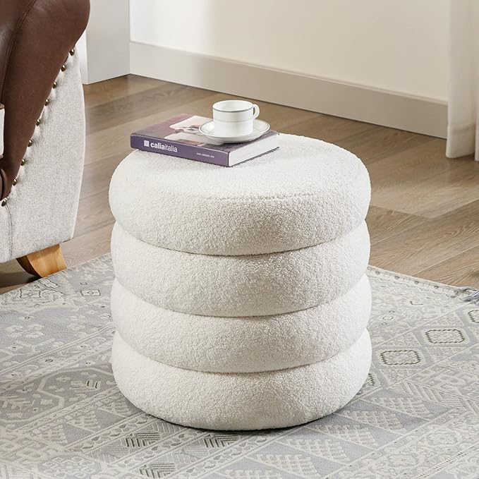 Flouki 19.5" Storage Ottoman Round, Vanity Stools for Bedroom, Entryway Ottoman for Console Table, Ottoman Stool for Girls Women, Foot Stool for Living Room Set of 2, Sherpa Off-White
