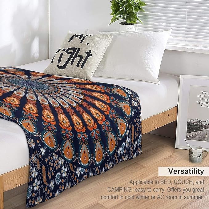Indian Hippie Bohemian Throw Blanket Beautiful Peacock Mandala Blanket for Sofa Bed Couch Chair Or Dorm 70"x80"