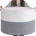 INDRESSME XXXLarge Cotton Rope Basket 21.7" x 21.7" x 13.8" Woven Baby Laundry Baskets Blanket Basket Toy Baskets with Handle Storage Comforter Cushions Navy Laundry Hamper