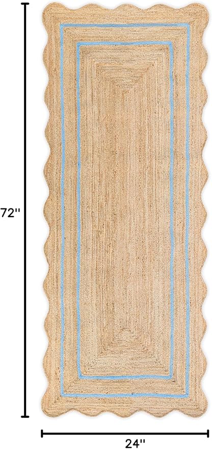 Wave Scalloped Natural Jute Runner, Sky Blue (2'x6'): Boho Jute Entryway Farmhouse Scallop Rug