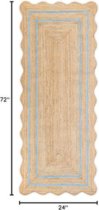 Wave Scalloped Natural Jute Runner, Sky Blue (2'x6'): Boho Jute Entryway Farmhouse Scallop Rug