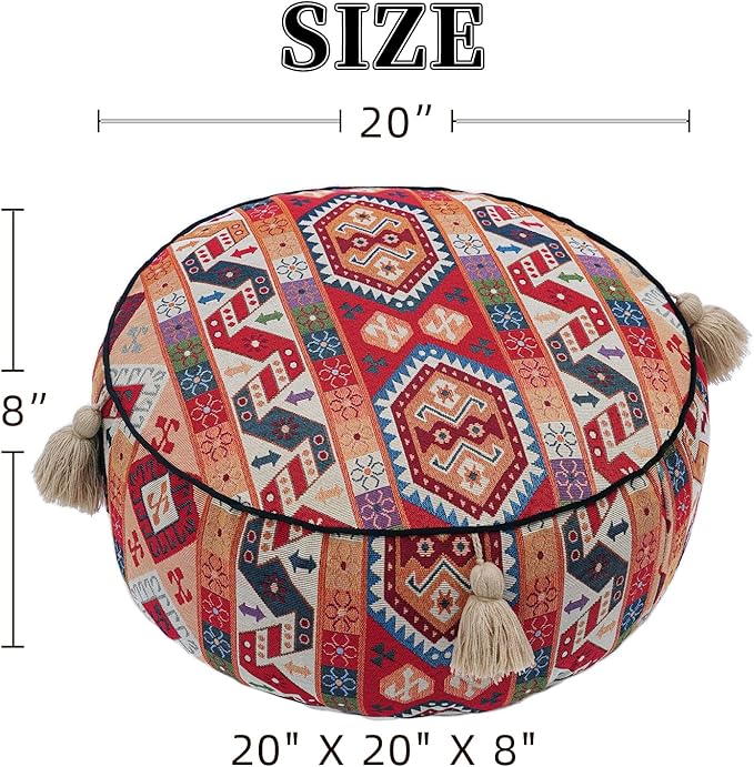 Boho Unstuffed Pouf Cover Ottoman Footrest Indian Mexcian Foot Stool Floor Bean Bag Floor Chair Storage for Living Room Bedroom Decor (Boho Red, Round)