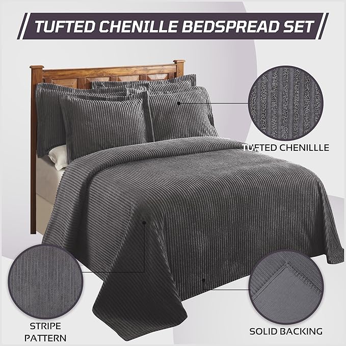 Better Trends Chenille Bedspreads Full/Double Size, Gray 100% Cotton Chenille Stripe Design Tufted Bedding Coverlet Soft Lightweight, 96"x110" with 2 Sham, 3 Pieces Set Jullian Collection