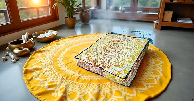 INDIAN CRAFT CASTLE 24" Yellow Ombre Mandala Barmeri Large Floor Pillow Cover Cushion Meditation Seating Ottoman Throw Cover Hippie Decorative Zipped Bohemian Pouf Ottoman Pom Pom Cases 24" Square