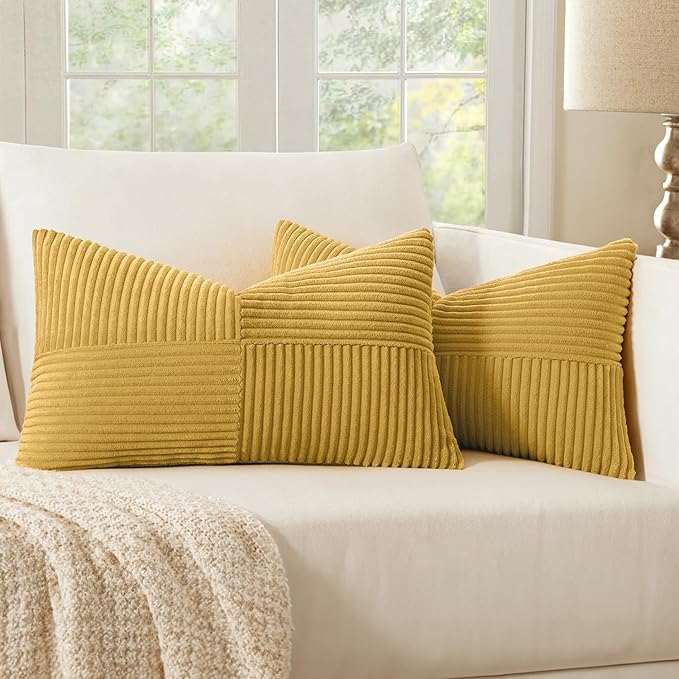 MIULEE Golden Mustard Decorative Lumbar Throw Pillow Covers 12x20 Inch for Couch Bed Sofa Pack of 2 Boho Farmhouse Throw Pillows Soft Cross Corduroy Patchwork Textured Cushion Cases