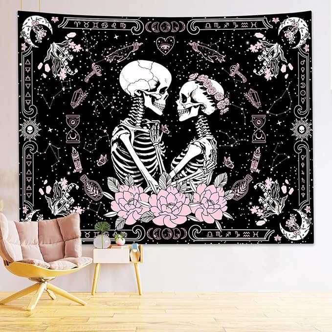 KJHL Black and Pink Gothic Witchy Skull Tapestry 44ʺ x 60ʺ Floral Constellation Skeleton Aesthetic Tapestries Wall Hanging for Bedroom Dorm