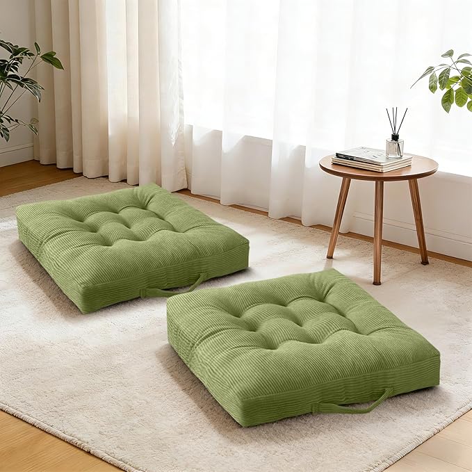Floor Cushion Green Portable Chair Pads with Handle 2 Pack, 18x18 Inch Tufted Velvet Square Floor Cushions, Comfortable Seats for Kitchen Bar Stools & Patio