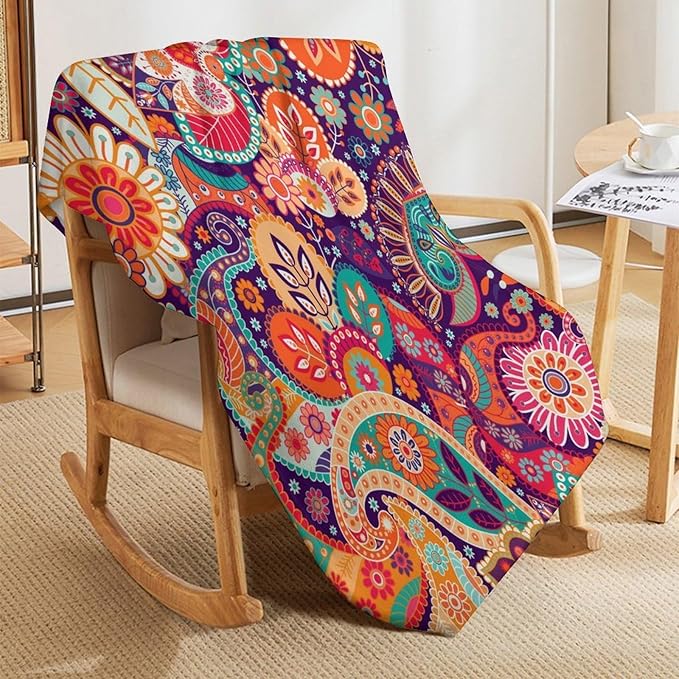 Boho Paisley Floral Throw Blanket Mandala Indian Bohemian Colorful Flowers Blanket for Sofa Bed Couch Chair Or Dorm 60"x80"