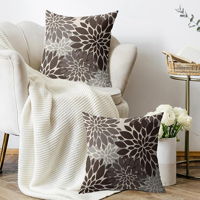 Dark Brown Grey Gray Pillow Covers 22X22 Inch Set of 2, Dahlia Flower Spring Summer Floral Cream Decorative Throw Pillow Covers Outdoor Modern Farmhouse Cushion Case for Home Couch Sofa Bed Decor