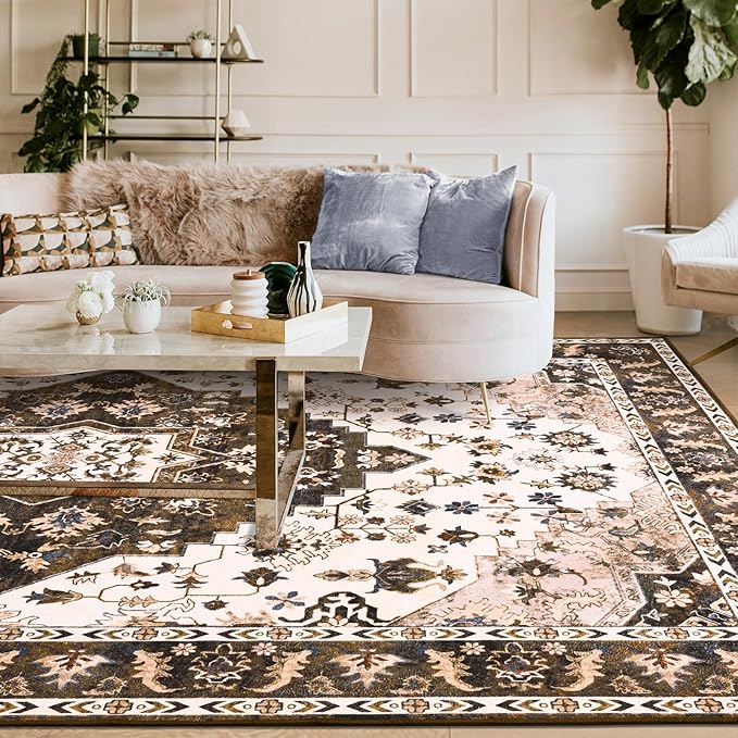 Amearea Vintage Design Area Rugs for Living Room, 5x8 Machine Washable Floral Collection Traditional Bedroom Rug, Low Pile Cute Kids Room Print Carpet, No Slip Office Kitchen Home Decor, Brown