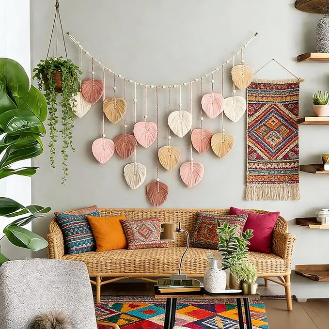 M MANUAL Macrame Leaves Wall Hanging 47.3x29.5Inch Large Chic Feather Boho Macrame Wall Decor Leaf Hanging Photo Display Handmade Woven Wall Art 16pcs Leaf Tapestry - Pink