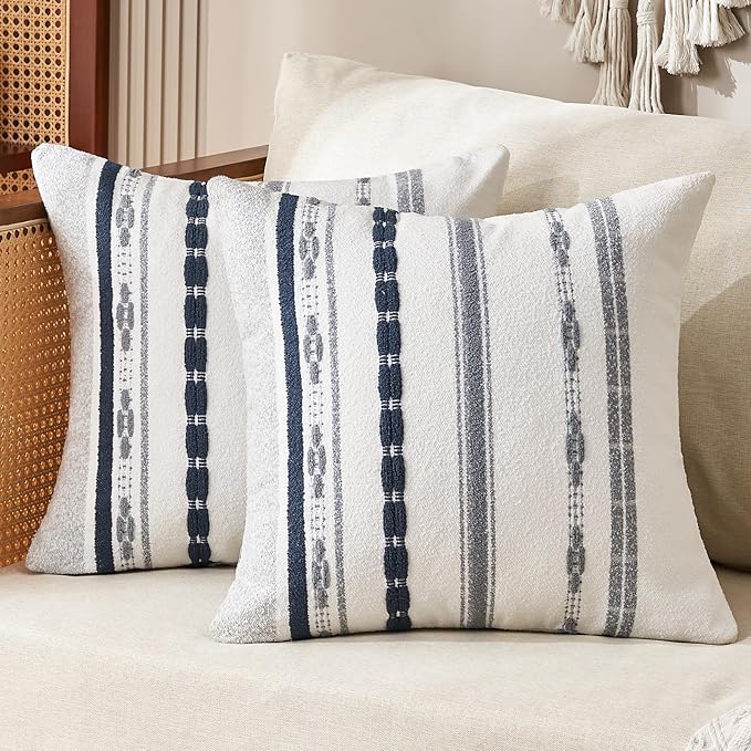 Chenille Boho Pillow Covers 18x18 Inch Decorative Throw Pillow Covers Striped Square Pillowcase Covers Modern Farmhouse Home Decor Pillow Protectors with Zipper Standard Size, Set of 2