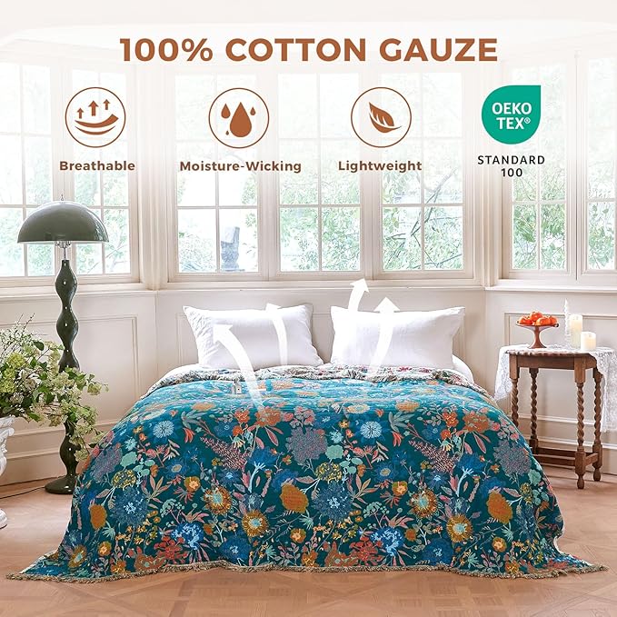 Boho Throw Blanket for Couch Sofa Chair Cotton Spring Blankets for Bedroom Living Room All Season Lightweight Reversible Floral Embroidery Throws 50"x60"