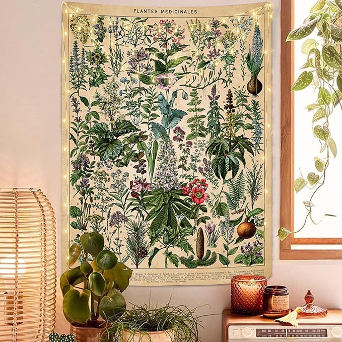Vintage Flowers Tapestry 48”x36”, Long Vertical Wall Hanging Reference Illustrative Botanical Tapestries for Bedroom Aesthetic Floral Tapistry Botanical Plants Tapestry Wall Hanging Cute Bedroom Decor