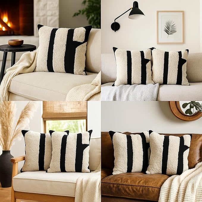 Oudain 2 Pcs Black and White Tufted Pillow Covers Boho Chunky Geometric Decorative Throw Pillow Case 18 x 18 Inches Abstract Pillowcases for Bed Couch(Black and White, Elegant Style)