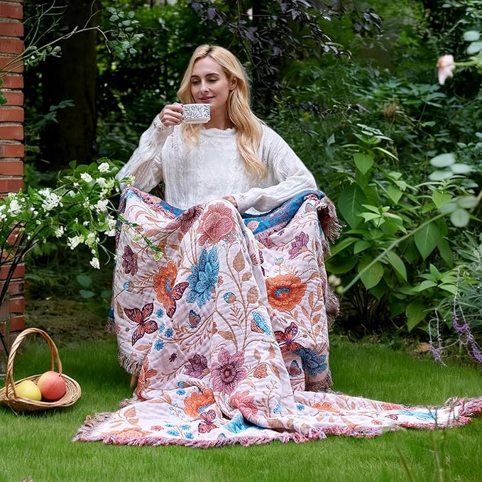 Boho Throw Blanket for Couch Sofa Chair Cotton Spring Blankets for Bedroom Living Room All Season Soft Lightweight Reversible Floral Butterfly Embroidery Decorative Throws 50"x60" Home Decor
