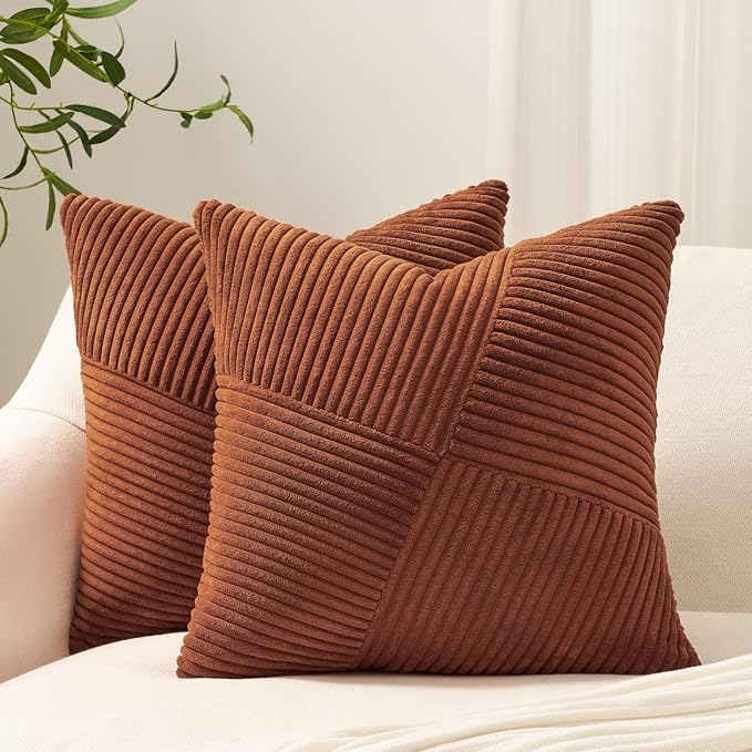 Topfinel Set of 2 Decorative Terracotta Throw Pillow Covers 18x18 Inch for Couch Sofa Bed, Farmhouse Boho Rustic Home Decor,Soft Corduroy Windmill Textured Striped Patchwork Cushion Cases