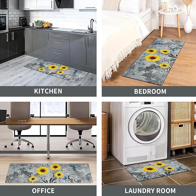 Likiyol Sunflower Kitchen Rugs Sets of 3 Kitchen Mats for Floor Anti Fatigue Mats for Kitchen Floor, Spring Floral Flower Non Slip Washable Standing Floor Mats, 18''x30''+18''x48''+18''x60''(Gray)