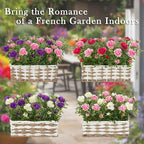 Artificial Rose Flowers with Woven Basket, Faux Blooming Roses in Fake Rattan Planter for Table Centerpiece, Romantic Floral Arrangement for Home Dining Room Wedding Sweet Decor, Hot & Soft Pink