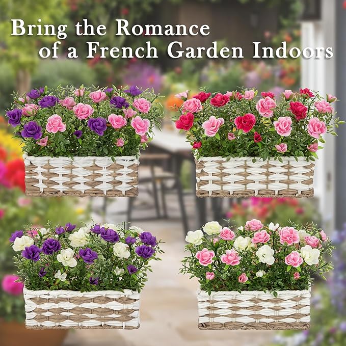 Artificial Rose Flowers with Woven Basket, Faux Blooming Roses in Fake Rattan Planter for Table Centerpiece, Romantic Floral Arrangement for Home Dining Room Wedding Sweet Decor, Hot & Soft Pink