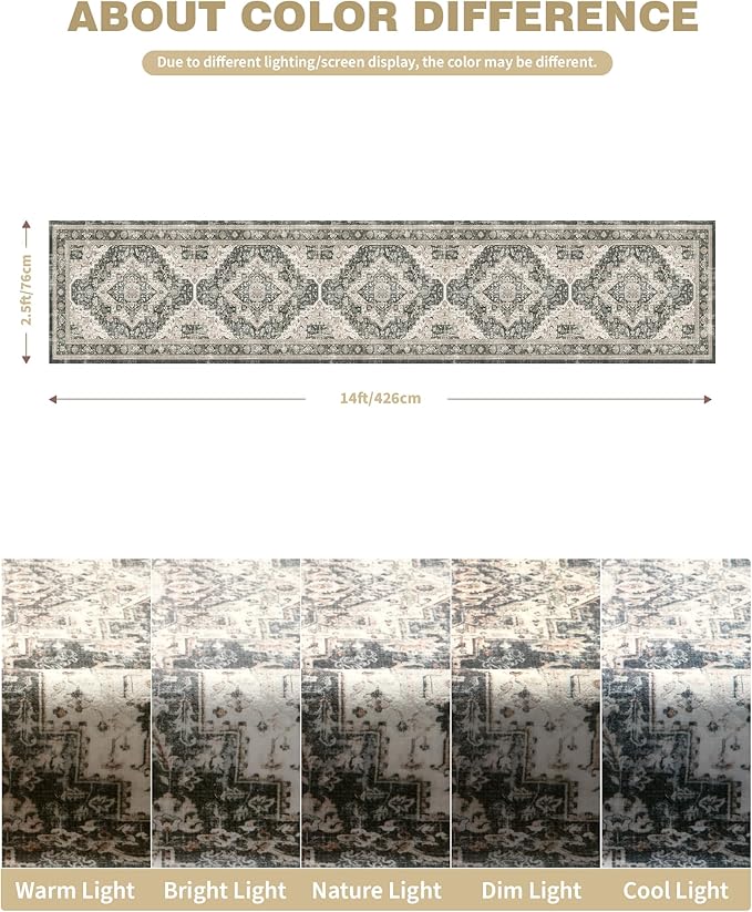 Washable Runner Rug 2.6x14 Runners for Hallways, Ultra-Thin Carpet Runners for Entryway Anti Slip Backing Runner Rugs for Kitchen Laundry Room Indoor Hallway (Black/Beige)