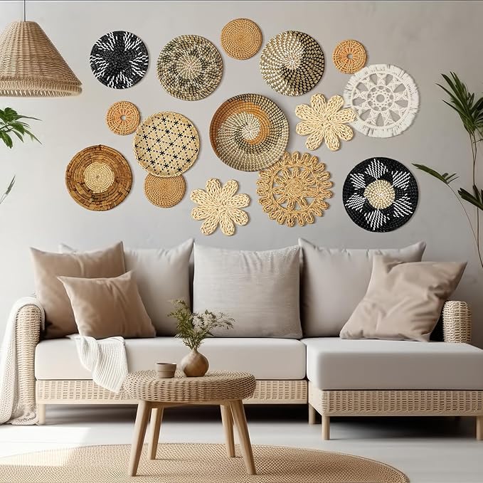 Xuhal 15 Pcs Boho Wall Basket Decor Handcrafted Seagrass Woven Wall Basket Rustic Round Woven Hanging Art for Home Farmhouse Kitchen Table Living Room(Stylish Style)