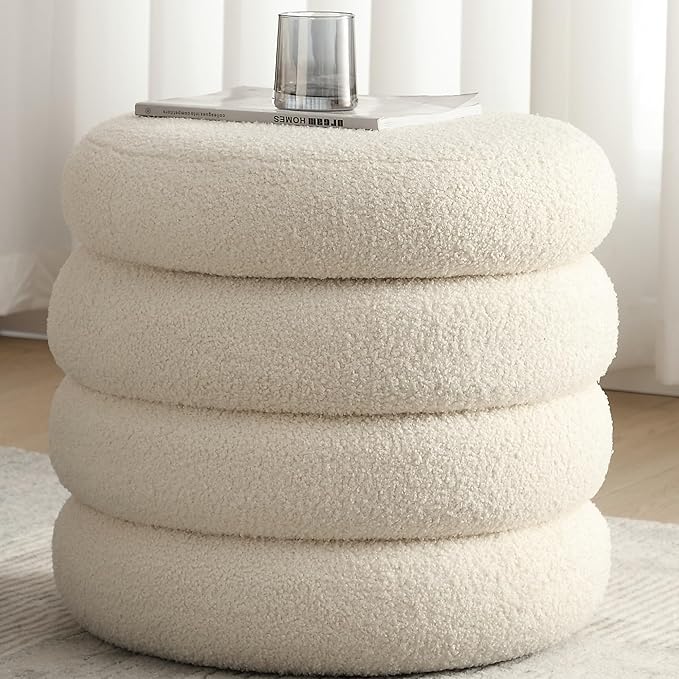 Boucle Ottoman with Storage, Small Round Footrest Stool for Living Room Bedroom, Upholstered Sherpa Vanity Seat with Removable Lid, Modern Comfy Foot Stool for Couch Entryway, Off White