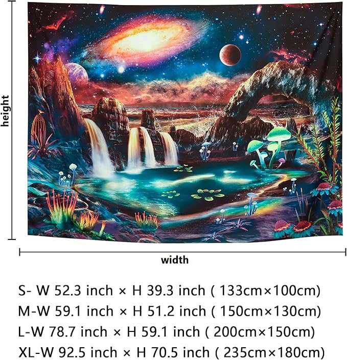 Lahasbja Blacklight Galaxy Planet Tapestry UV Reactive Waterfall Landscape Tapestry Mountain Wave Wall Tapestries Neon Nebula Plants Wall Hanging for Room