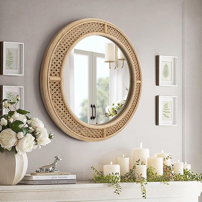 FLORA Round Rattan Wall Mirror with Wooden Framed, Modern Boho Decorative Mirror for Bathroom, Entry, Living Room, Bedroom, 24 Inch