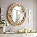 FLORA Round Rattan Wall Mirror with Wooden Framed, Modern Boho Decorative Mirror for Bathroom, Entry, Living Room, Bedroom, 24 Inch