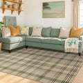 JTJ 5x7 Plaid Area Rug for Living Room - Large Indoor Outdoor Rug for Porch, Bedroom Under Bed, Non Slip Modern Farmhouse, Easy Jute Washable Beige and Sage Green Striped Aesthetic Room Decor