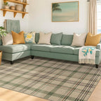 JTJ 5x7 Plaid Area Rug for Living Room - Large Indoor Outdoor Rug for Porch, Bedroom Under Bed, Non Slip Modern Farmhouse, Easy Jute Washable Beige and Sage Green Striped Aesthetic Room Decor