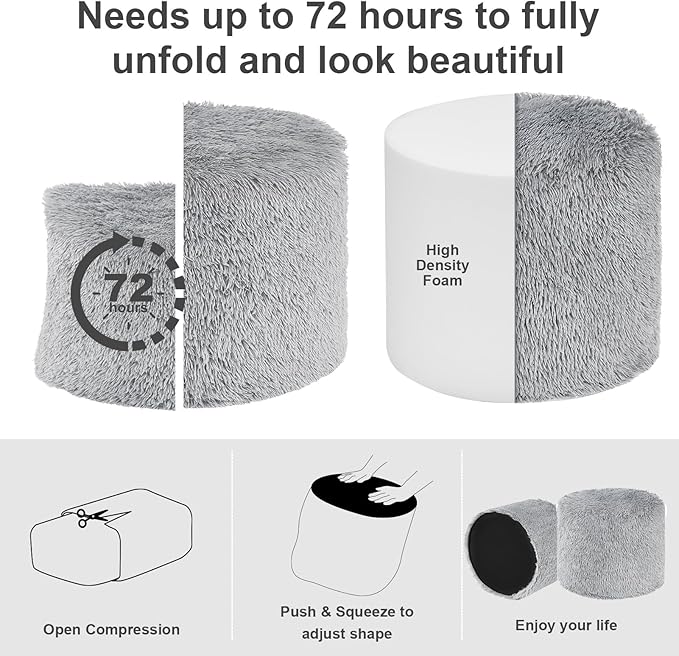 Hansleep Round Pouf Ottoman Foot Rest, 17 x 14 Small Faux Fur Stuffed Pouf for Chair, Foam Filled Foot Stools Ottomans for Living Room, Grey