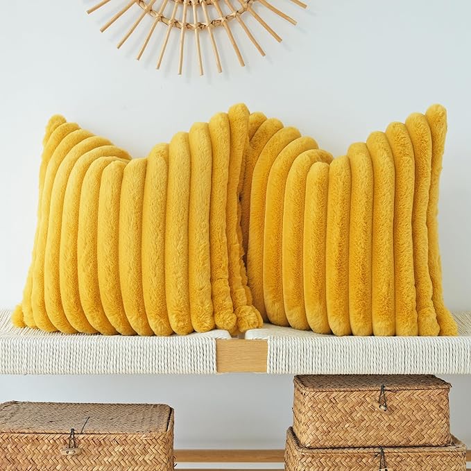 JOJUSIS Pack of 2 Faux Fur Plush Decorative Throw Pillow Covers Couch Cushion Case Soft Pillowcases (Mustard Yellow, 22 x 22-Inch)