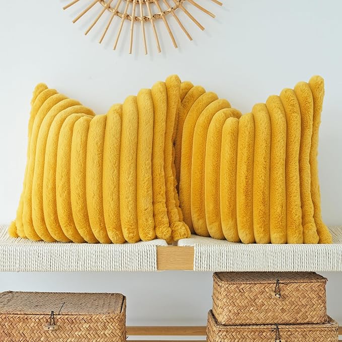 JOJUSIS Pack of 2 Faux Fur Plush Decorative Throw Pillow Covers Couch Cushion Case Soft Pillowcases (Mustard Yellow, 24 x 24-Inch)