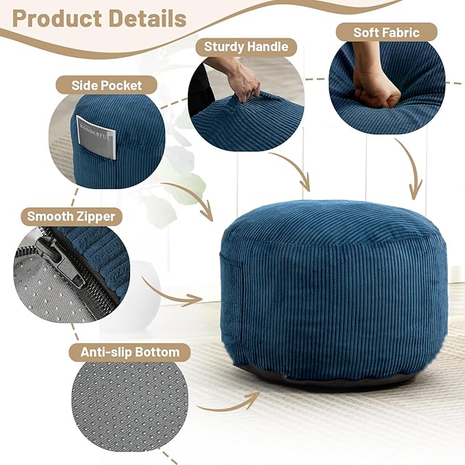Round Stuffed Pouf Ottoman,Corduroy Foot Rest with Rebound Foam Filled, Furry and Fluffy Foot Stool Ottoman,26"*18" Floor Poufs for Living Room (Blue, 26" D x 26" W x 18" H)