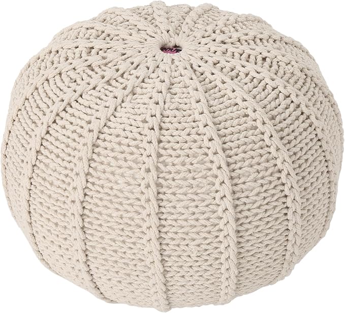 Round Pouf Ottoman, 18" Bordeaux Knitted Cotton Woven Round Pouf, Handmade Woven Bean Bag for Living Room, Floor Bag for Bedrooms, Home, Offices, Sofa Footrest (Beige)