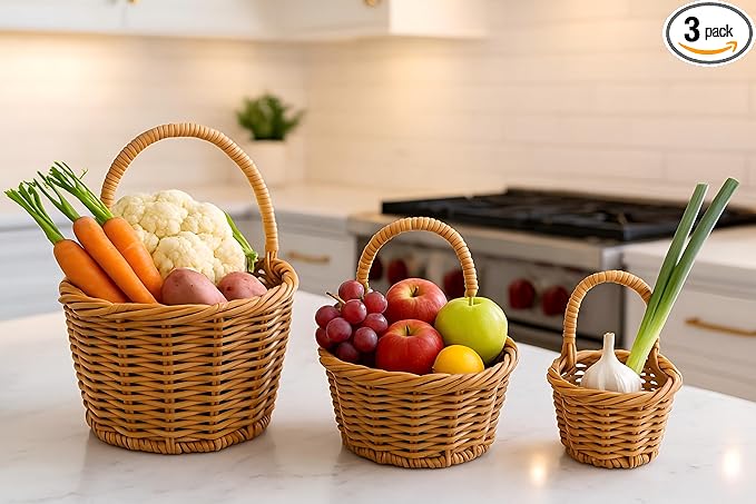 Handwoven Hanging Wall Baskets Set of 3 – Natural Rattan-Style Woven Storage Baskets with Handles, Multi-Size 7”/6”/5” for Kitchen, Fruit, Garlic, or Home Décor Organization