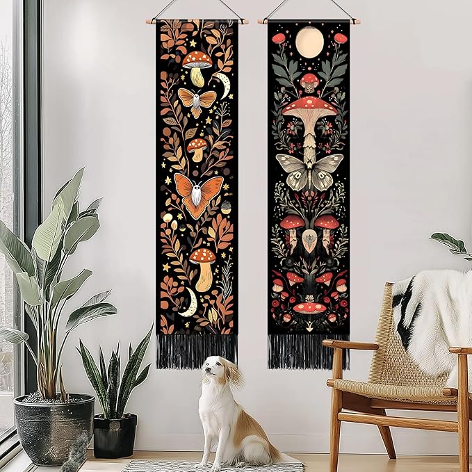 AOHMPT Pack of 2 Long Vertical Tapestry,Nature Landscape Tapestry with Serene Mountain River, Moon & Sun Motifs,Traditional Ink Painting Wall Art,Zen Aesthetic Wall Hanging for Living Room Bedroom Decor 13" W x 51" H"