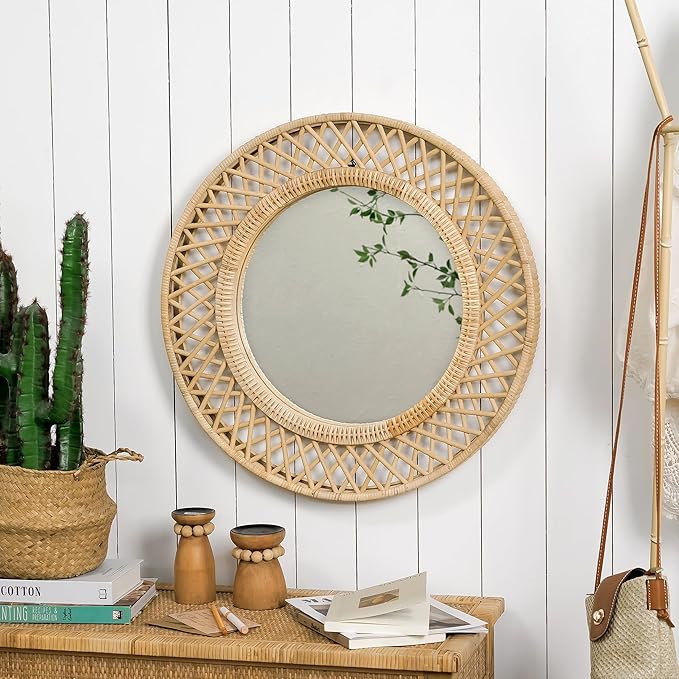 Round Rattan Wall Mirror – 24x24 Inch Boho Elegance with Woven Frame, Decorative Mirror for Bathroom Vanity Entryway Living Room