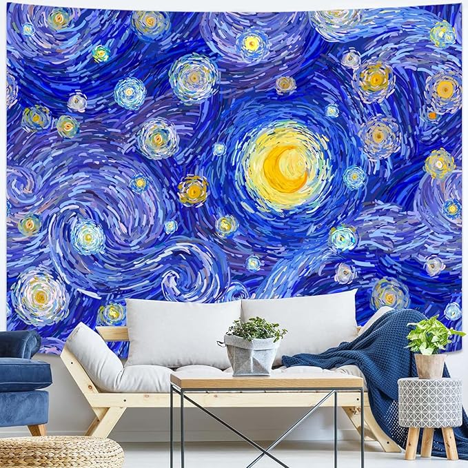 Accnicc Starry Night Tapestry Vincent Van Gogh Wall Tapestries Aesthetic Abstract Star Blue Sky Oil Painting Landscape Ceiling Hippie Tapestrys for Bedroom Living Room Dorm 80 x 60 Inch