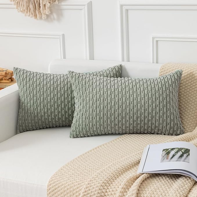 Kevin Textile 14x24 Inch Pillow Cover 1 Pack Boho Decorative Soft Striped Corduroy Lumbar Farmhouse Color Accent Rectangle Cushion Case for Living Room Couch Sofa Bed, Greyish Green